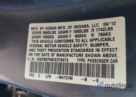 2012 Honda Civic Lx z USA, uszkodzony, nr VIN 19XFB2F58CE379473